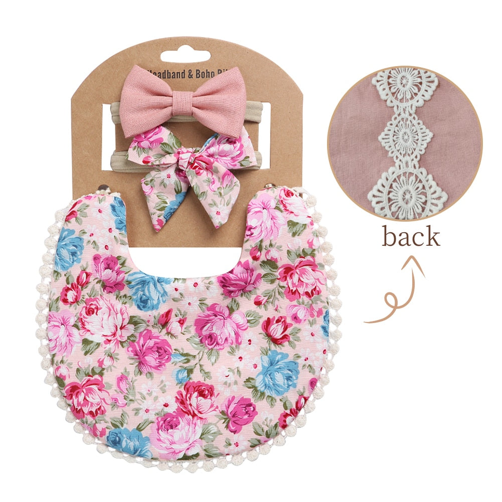 'Evergreen' - Bespoke Lace & Floral 3Pcs Baby Bib and Headband