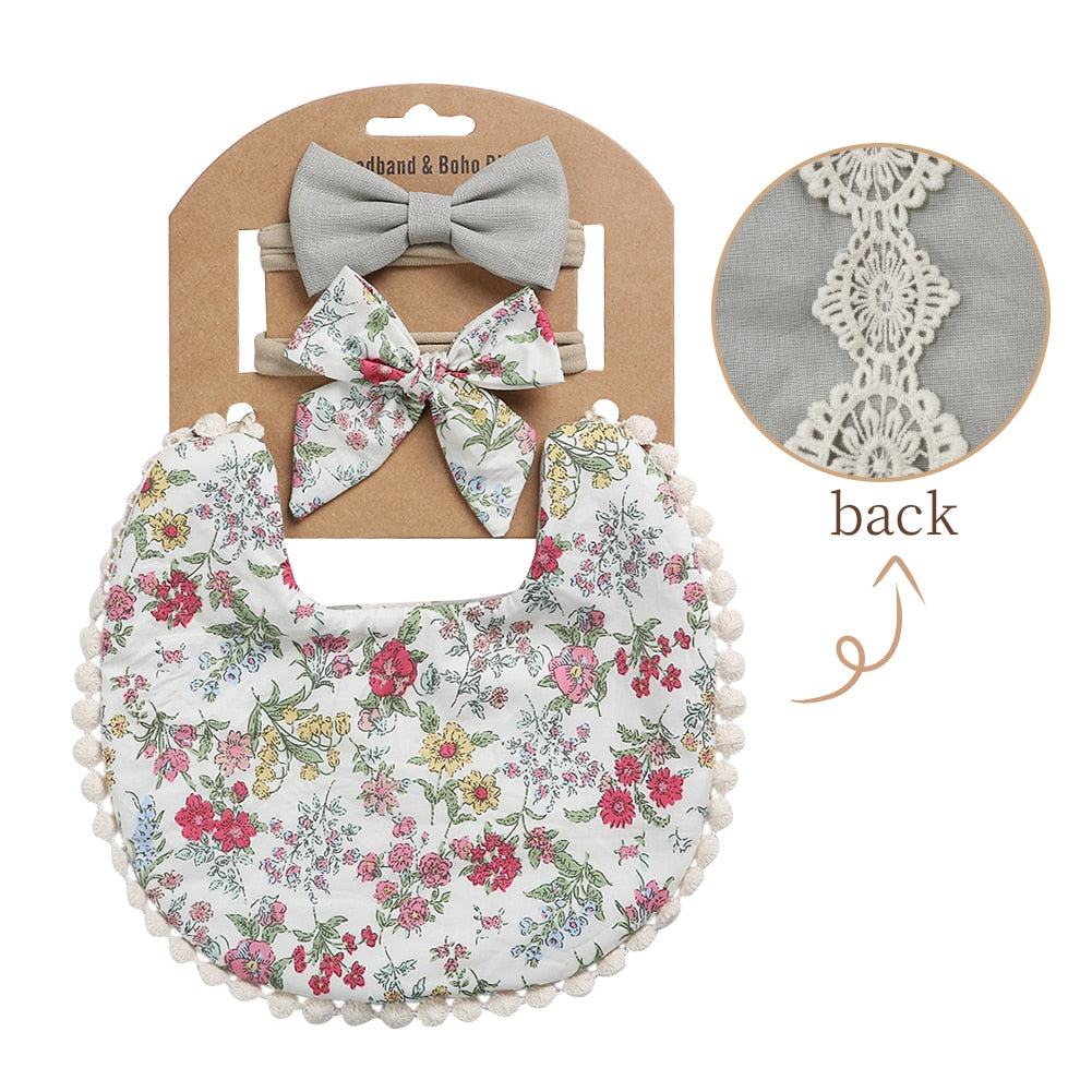'Evergreen' - Bespoke Lace & Floral 3Pcs Baby Bib and Headband