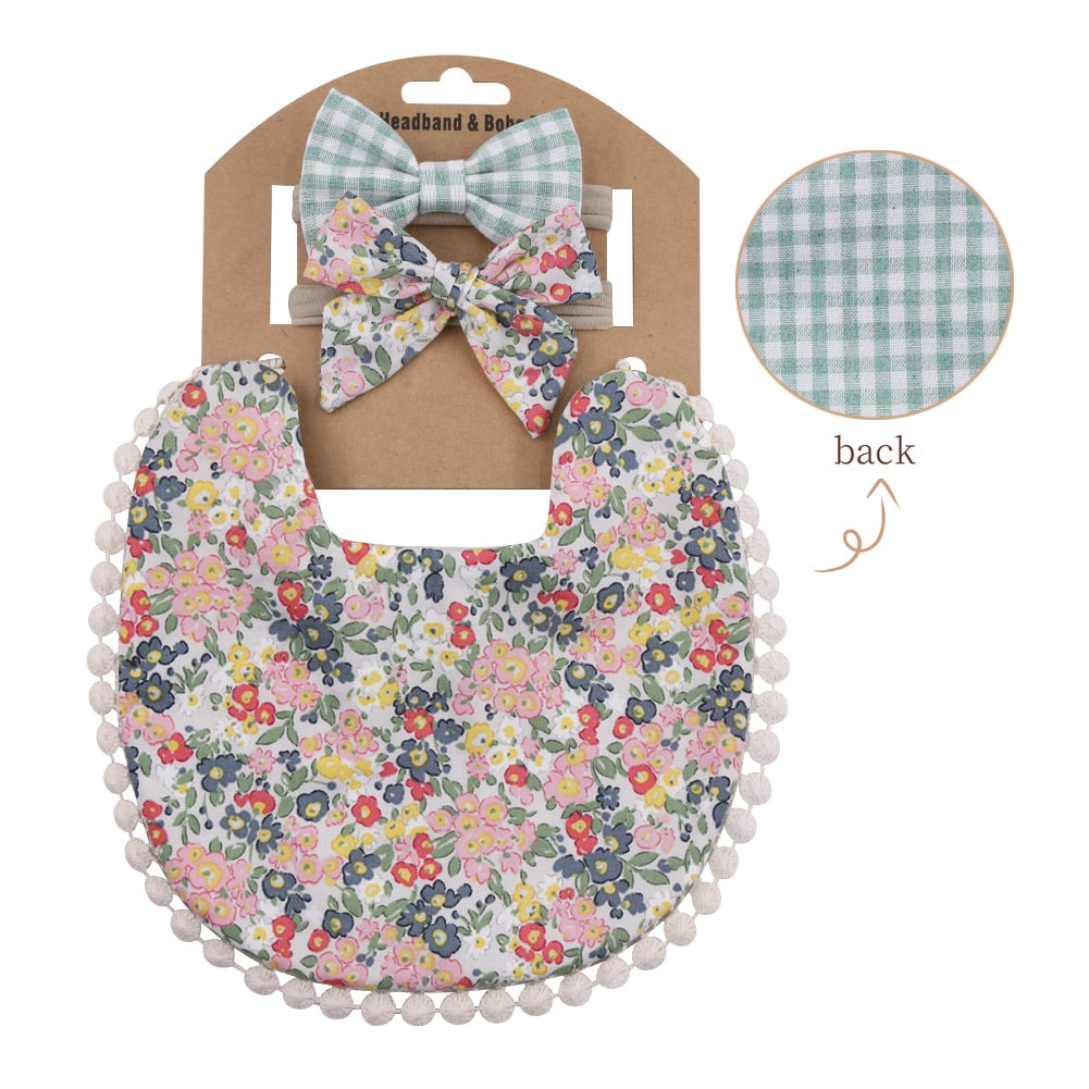 'Evergreen' - Bespoke Lace & Floral 3Pcs Baby Bib and Headband