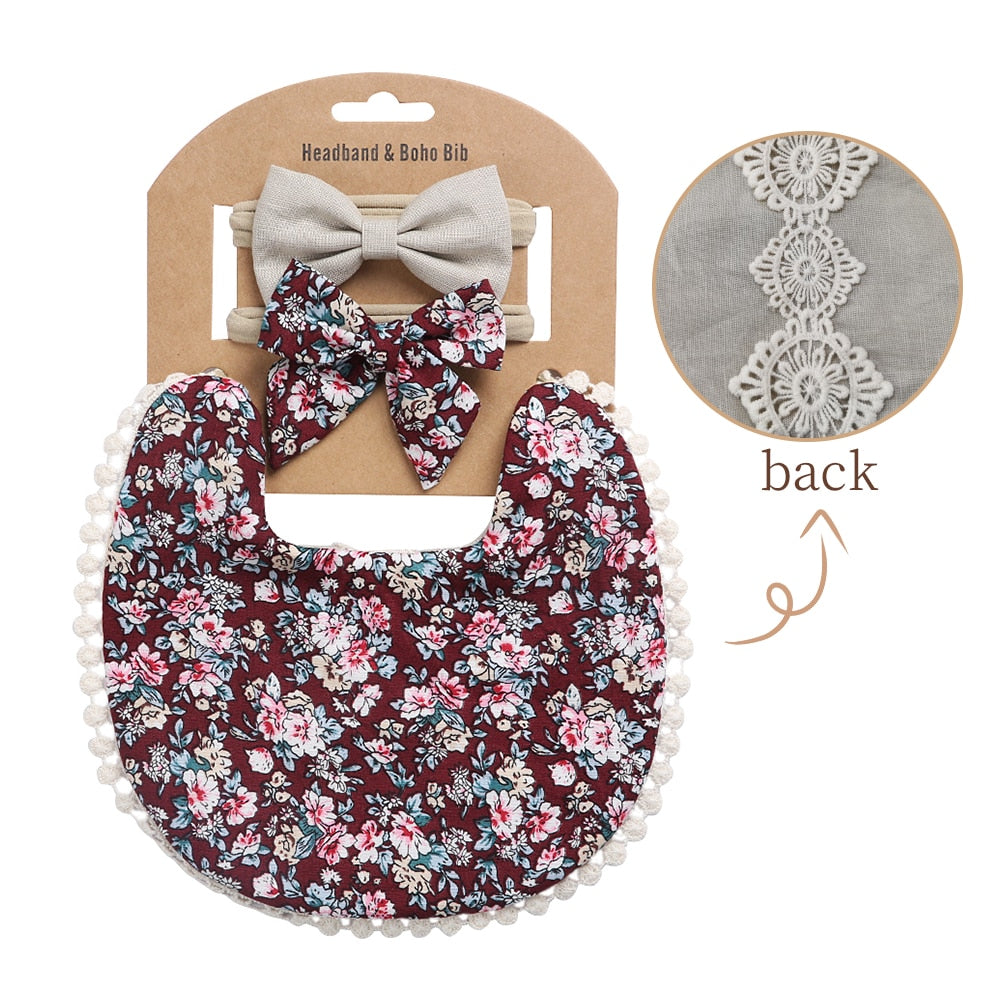 'Evergreen' - Bespoke Lace & Floral 3Pcs Baby Bib and Headband