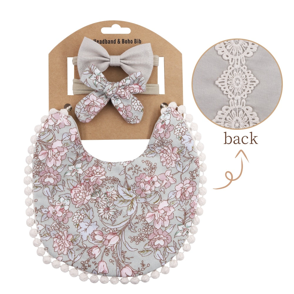 'Evergreen' - Bespoke Lace & Floral 3Pcs Baby Bib and Headband
