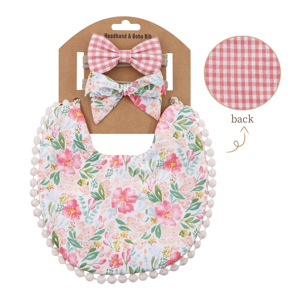 'Evergreen' - Bespoke Lace & Floral 3Pcs Baby Bib and Headband