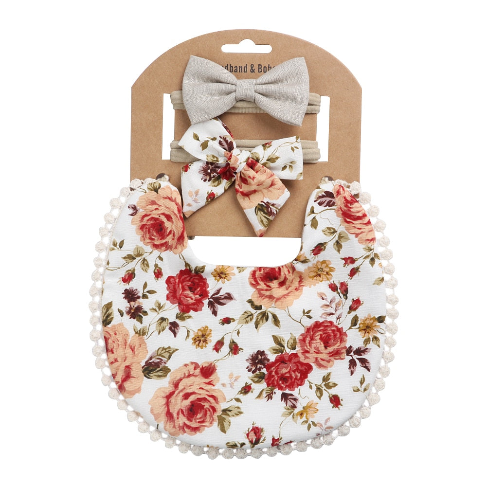 'Evergreen' - Bespoke Lace & Floral 3Pcs Baby Bib and Headband