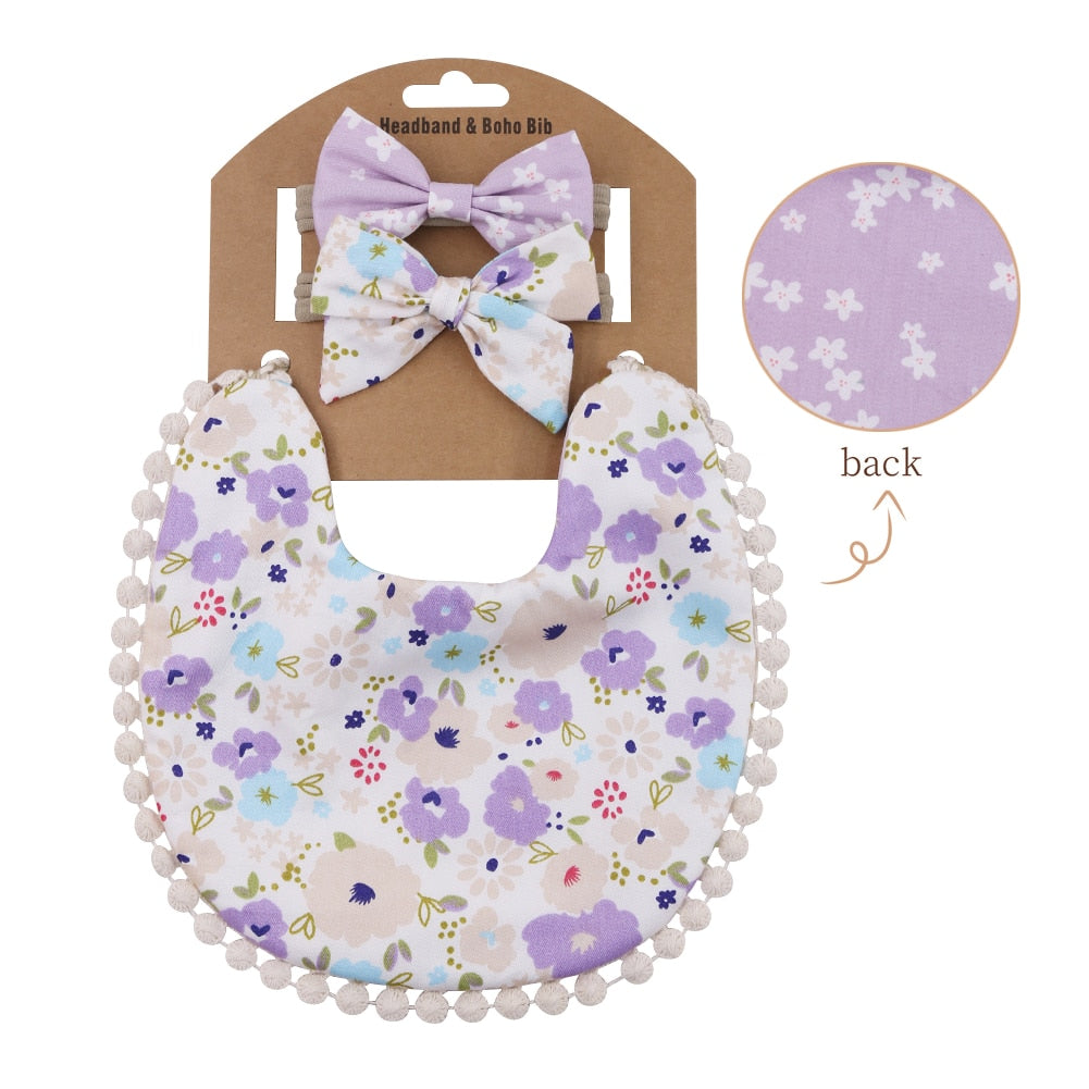 'Evergreen' - Bespoke Lace & Floral 3Pcs Baby Bib and Headband
