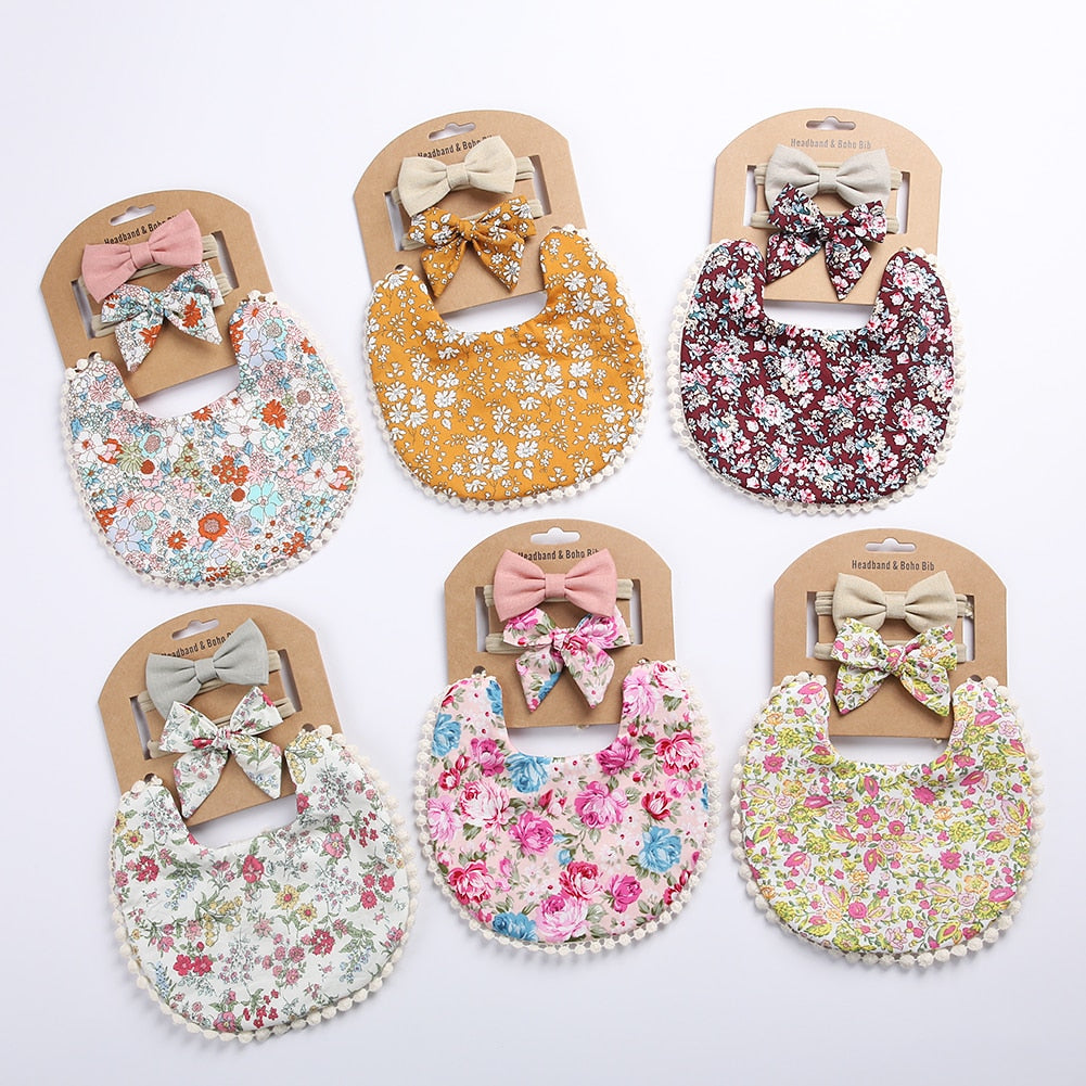 'Evergreen' - Bespoke Lace & Floral 3Pcs Baby Bib and Headband