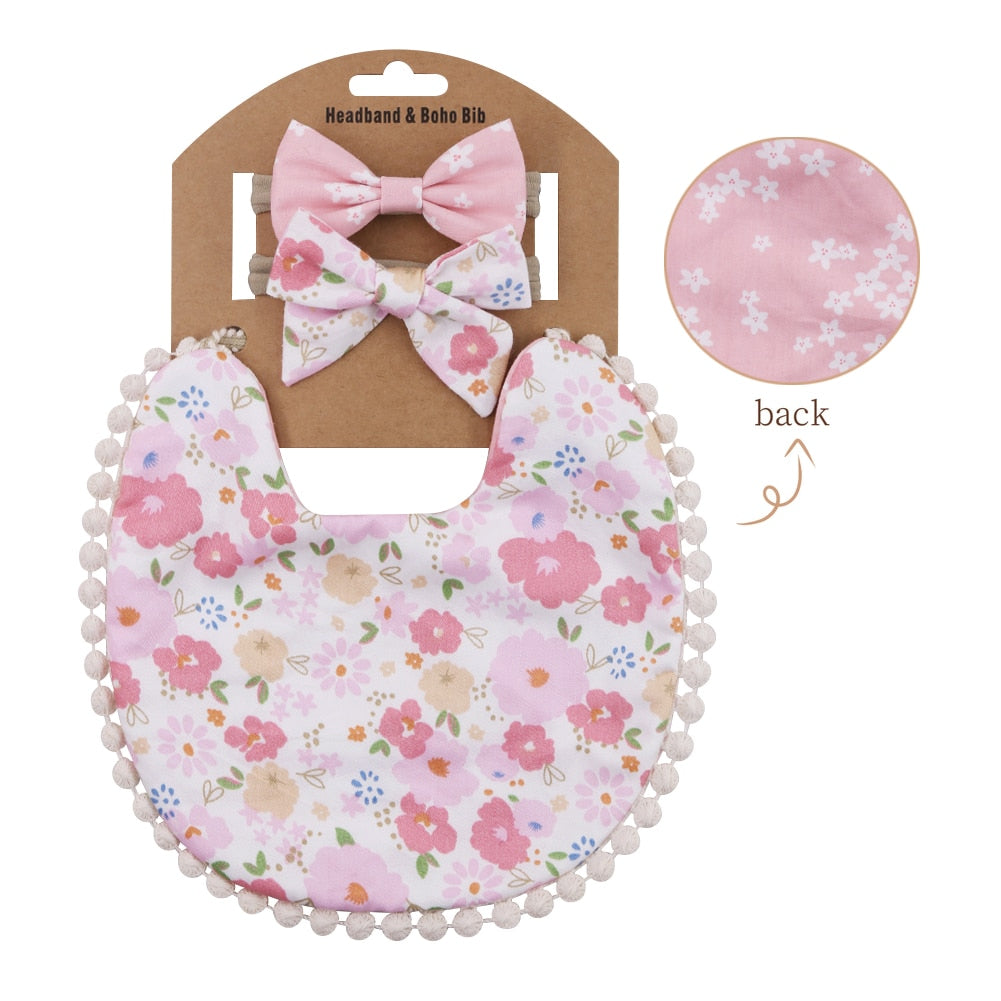 'Evergreen' - Bespoke Lace & Floral 3Pcs Baby Bib and Headband