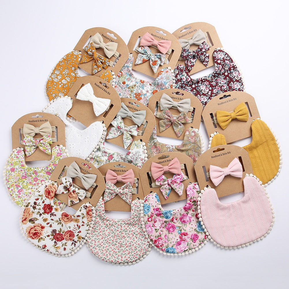 'Evergreen' - Bespoke Lace & Floral 3Pcs Baby Bib and Headband