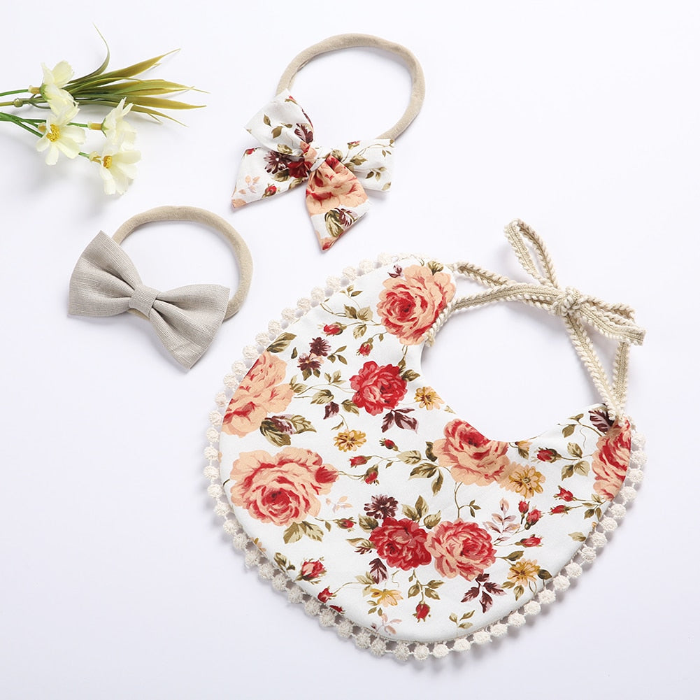 'Evergreen' - Bespoke Lace & Floral 3Pcs Baby Bib and Headband