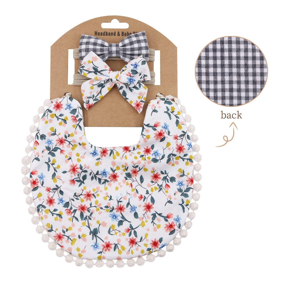 'Evergreen' - Bespoke Lace & Floral 3Pcs Baby Bib and Headband