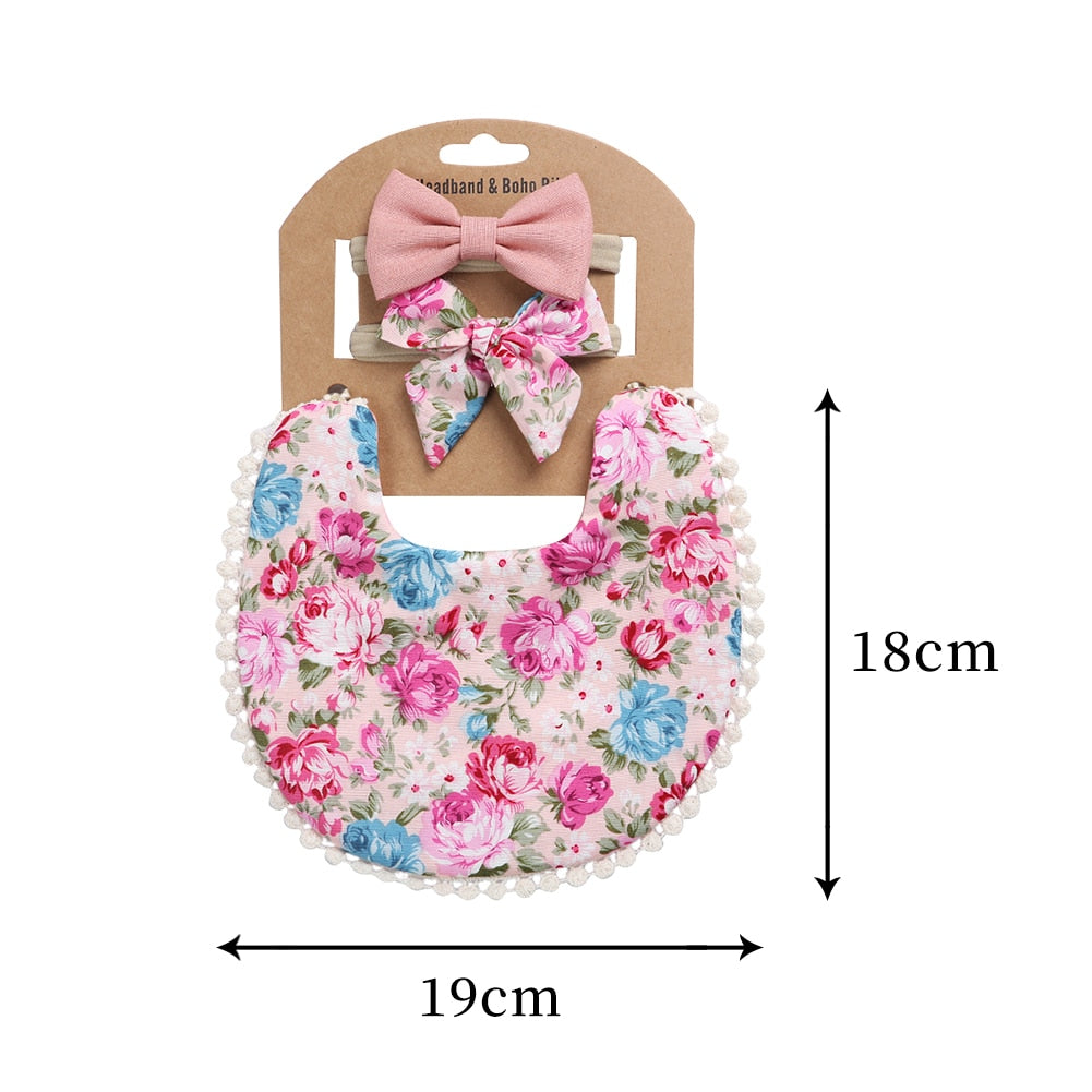 'Evergreen' - Bespoke Lace & Floral 3Pcs Baby Bib and Headband
