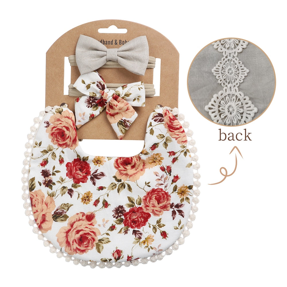 'Evergreen' - Bespoke Lace & Floral 3Pcs Baby Bib and Headband