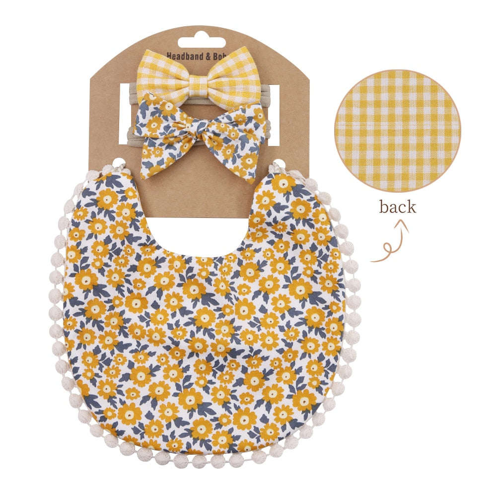 'Evergreen' - Bespoke Lace & Floral 3Pcs Baby Bib and Headband
