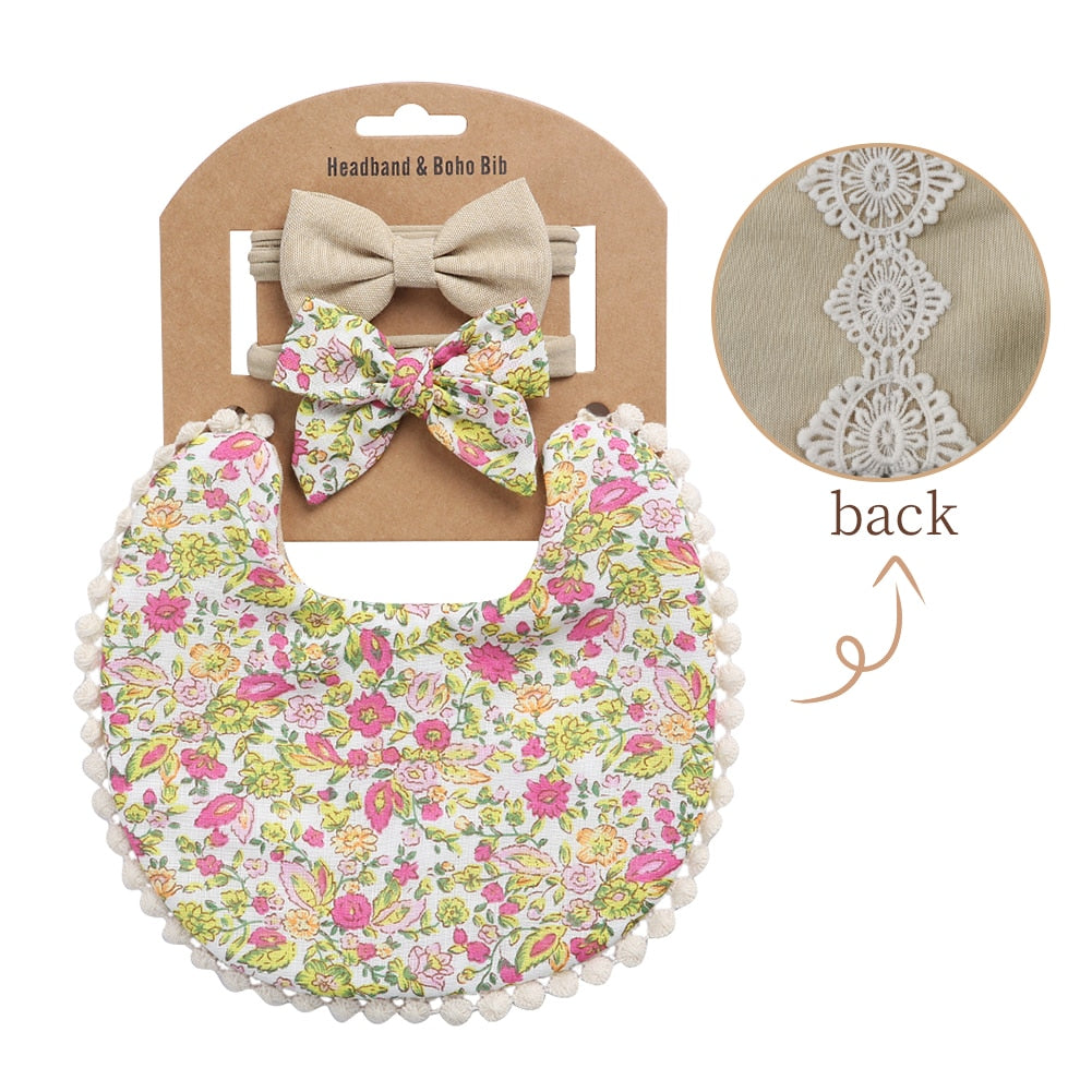 'Evergreen' - Bespoke Lace & Floral 3Pcs Baby Bib and Headband