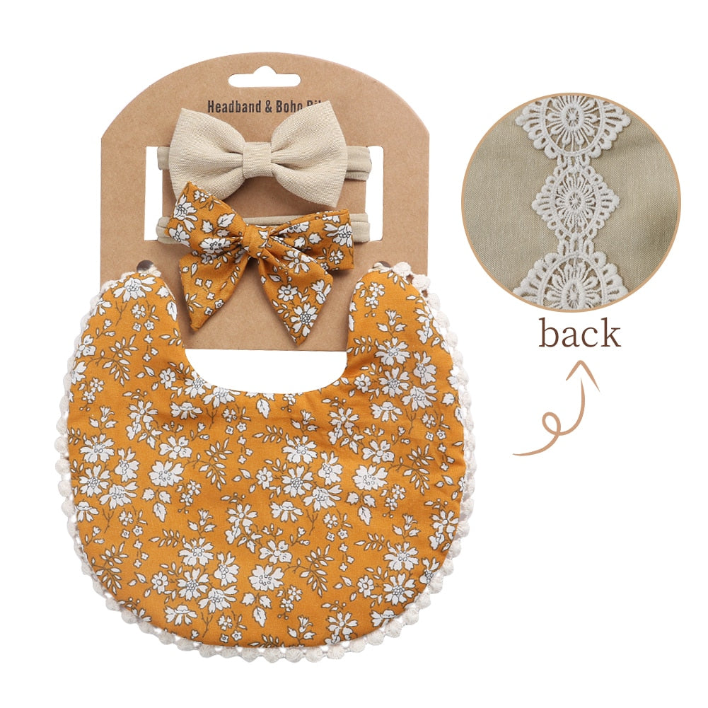 'Evergreen' - Bespoke Lace & Floral 3Pcs Baby Bib and Headband