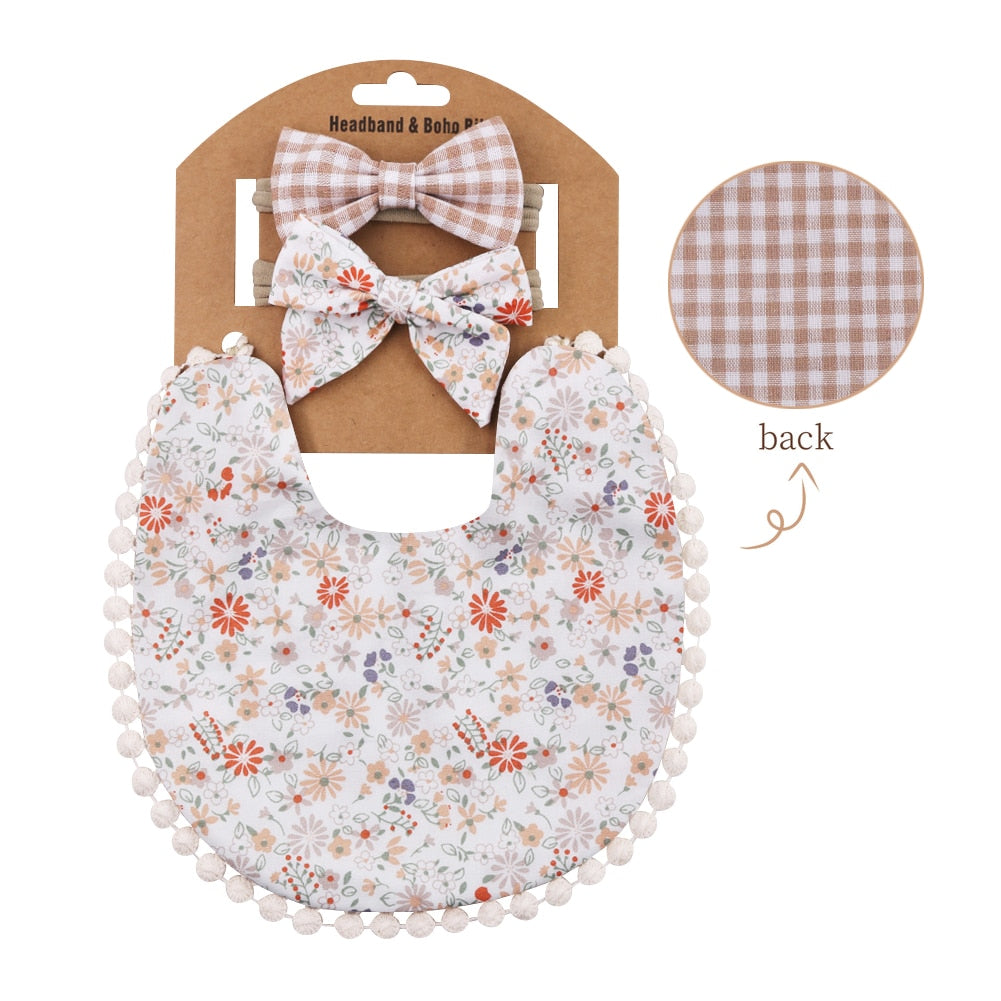 'Evergreen' - Bespoke Lace & Floral 3Pcs Baby Bib and Headband