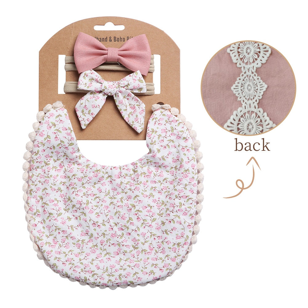 'Evergreen' - Bespoke Lace & Floral 3Pcs Baby Bib and Headband