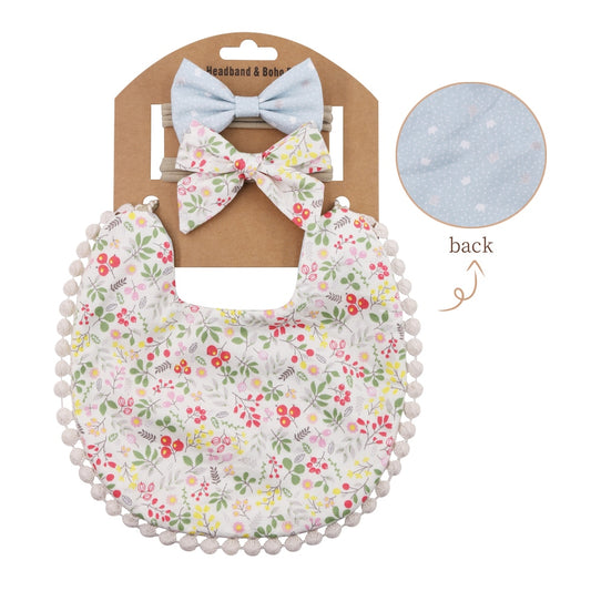 'Evergreen' - Bespoke Lace & Floral 3Pcs Baby Bib and Headband